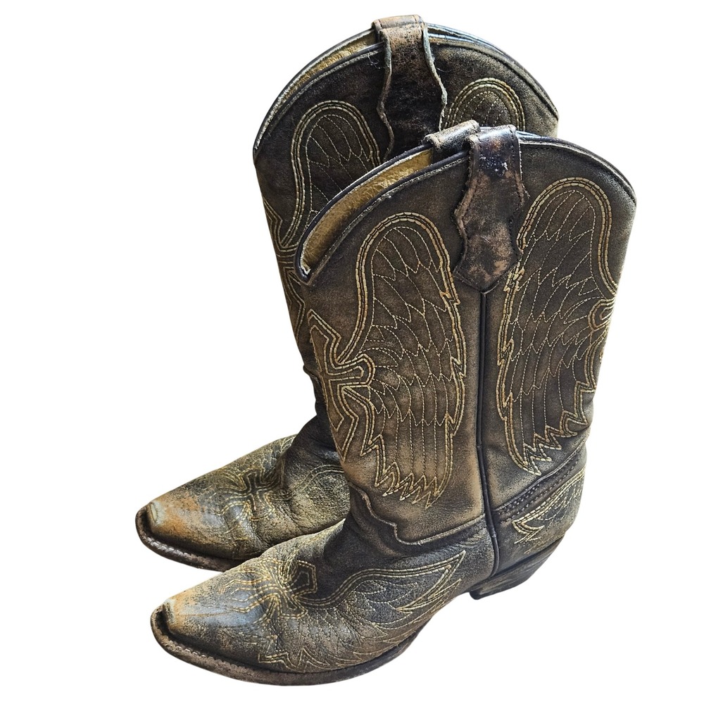 Corral A1032 Kids Gold Wing Cross Square Toe Boots 2.5T Leather Western Cowboy